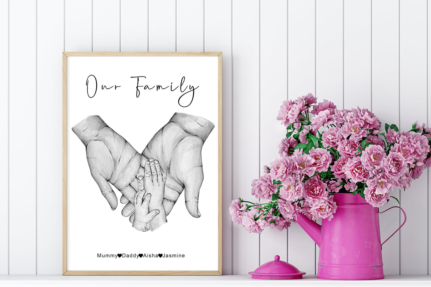 Custom family hands print | Black and white family paw portraits | New baby gift | New parents picture A3 | A4 | A5 | Greeting card