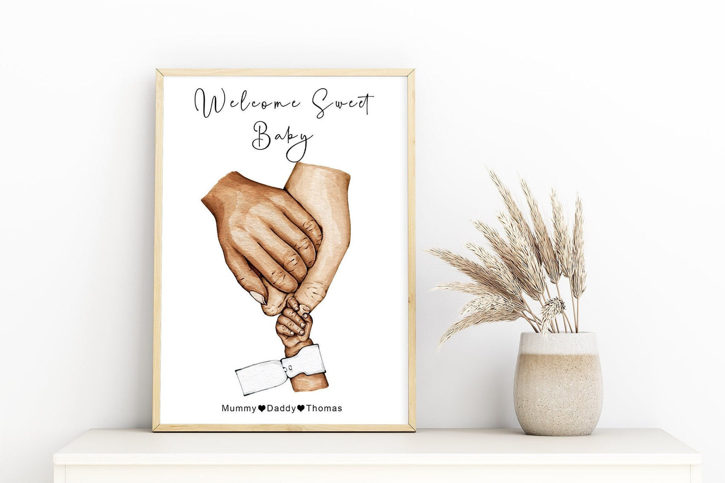 Parents with new baby, twins or triplets | Mummy and daddy with child's hand | Natural skin tones or Black and white | A3 | A4 | A5 |