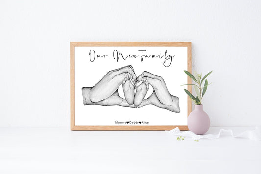 Family heart hands and baby feet portrait | Natural skin tones or Black and white | A3 | A4 | A5 |