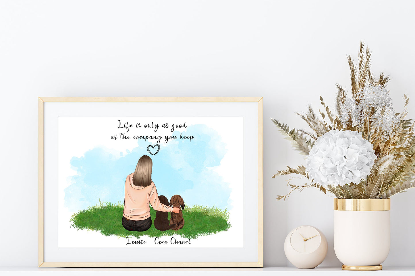 Custom dogs and owners portrait | multiple dog picture | custom girl and pet print, man's best friend picture | A4 | A5 | Greeting card