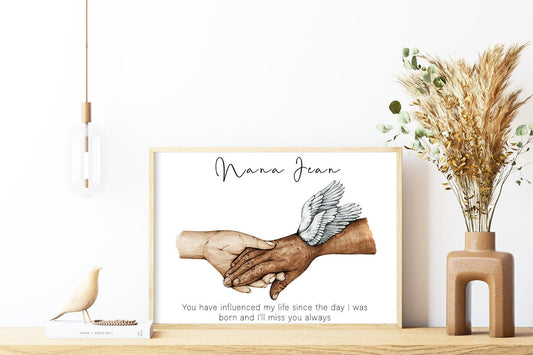 Grandma angel hands memorial portrait | Grandparent loss print | Black and white or full colour | A3 | A4 | A5 |