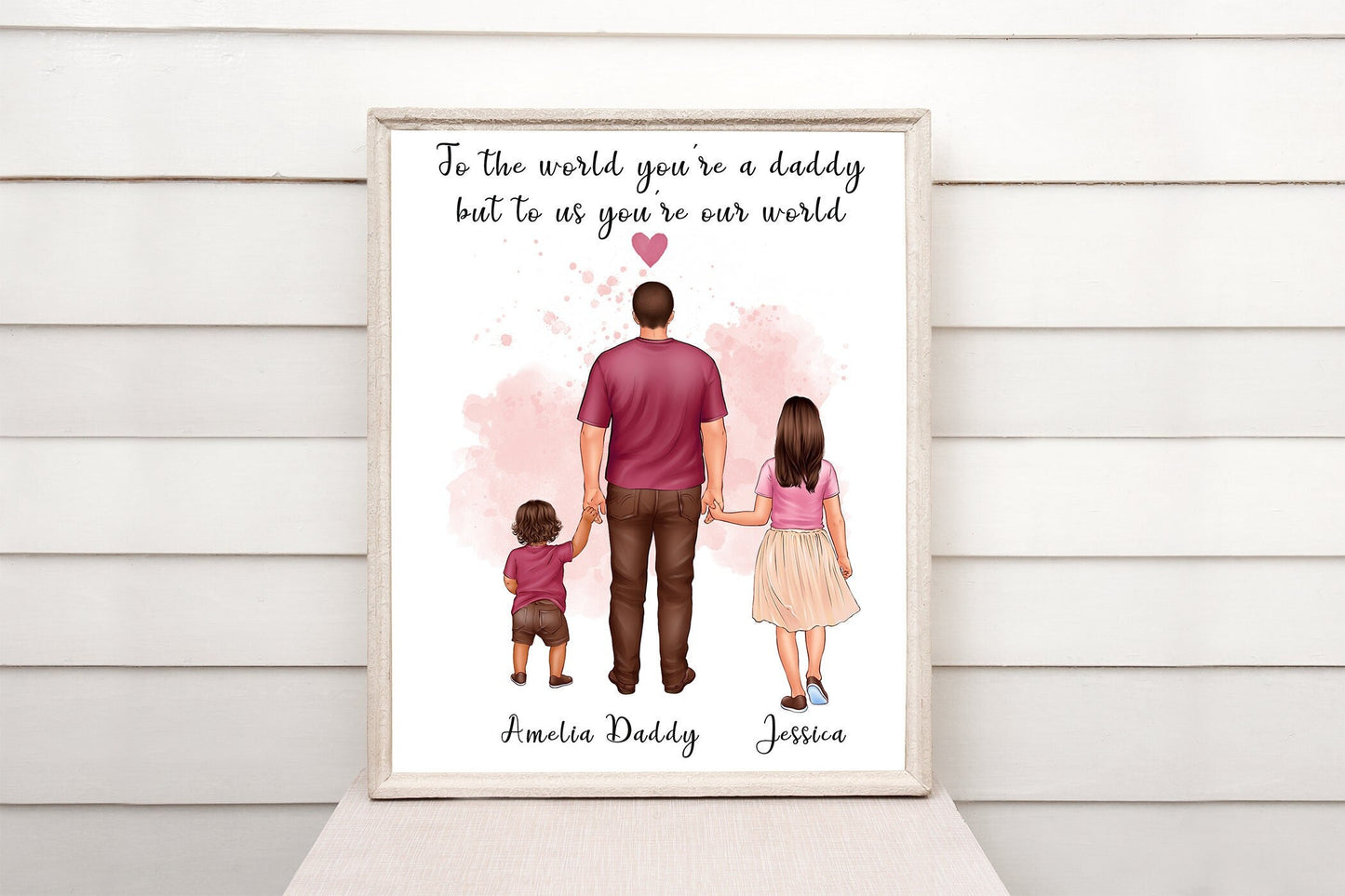 Dad and children print, lovely family portrait with any message and watercolour backgrounds | A4 | A5 | Greeting card