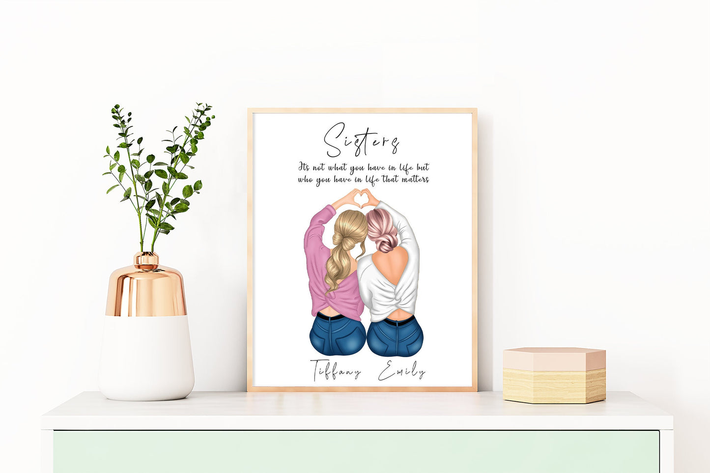Customisable sisters with fingers in a heart portrait | Gift for family | A4 | A5 | Greeting card