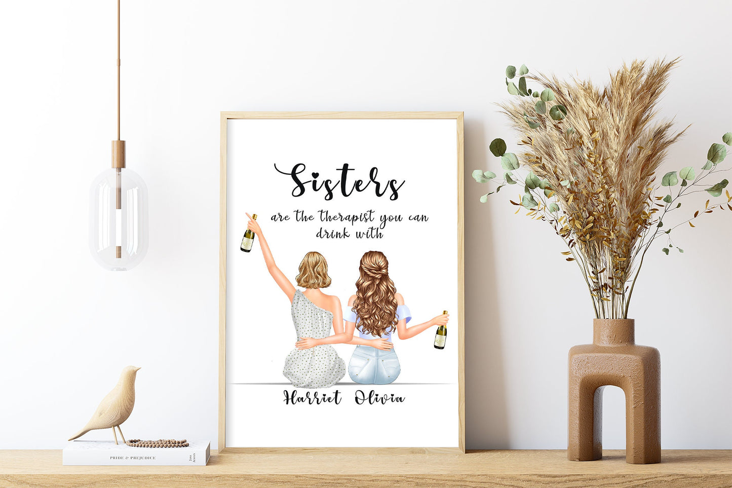 Custom print gift for sister, sitting on lovely flower swing with celebration drinks | Present for family | A4 | A5 | Greeting card