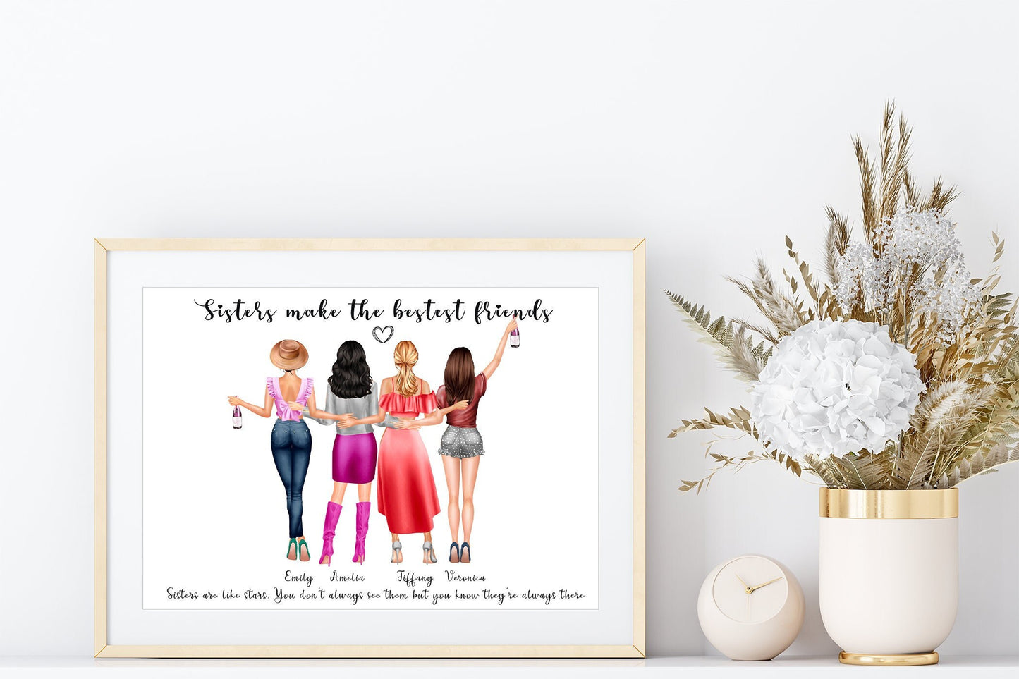Custom sisters make the best friends portrait | with celebration drinks | Up to 10 family members | A4 | A5 | Greeting card
