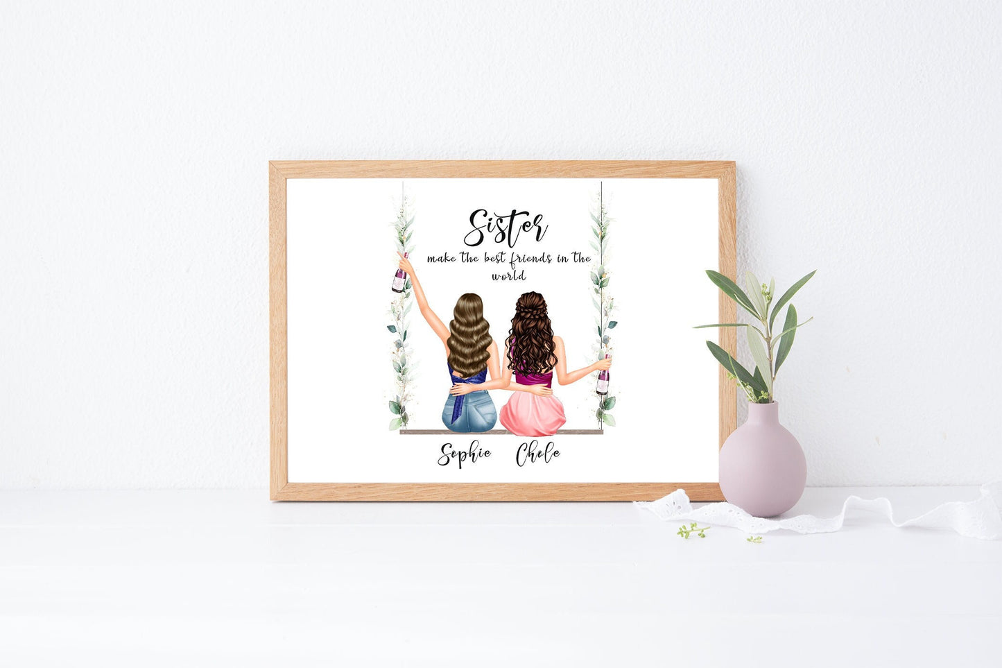 Custom print gift for sister, sitting on lovely flower swing with celebration drinks | Present for family | A4 | A5 | Greeting card