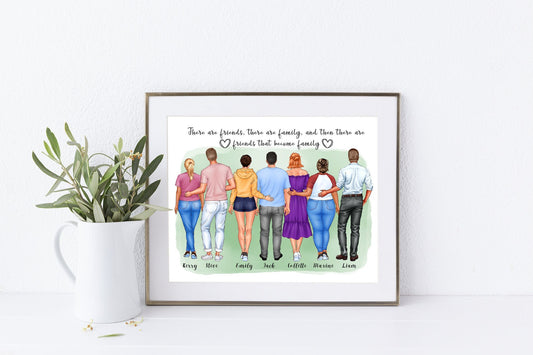 Personalised large friend group portrait, featuring woman in 3 body sizes and pastel backgrounds | A4 | A5 | Greeting card