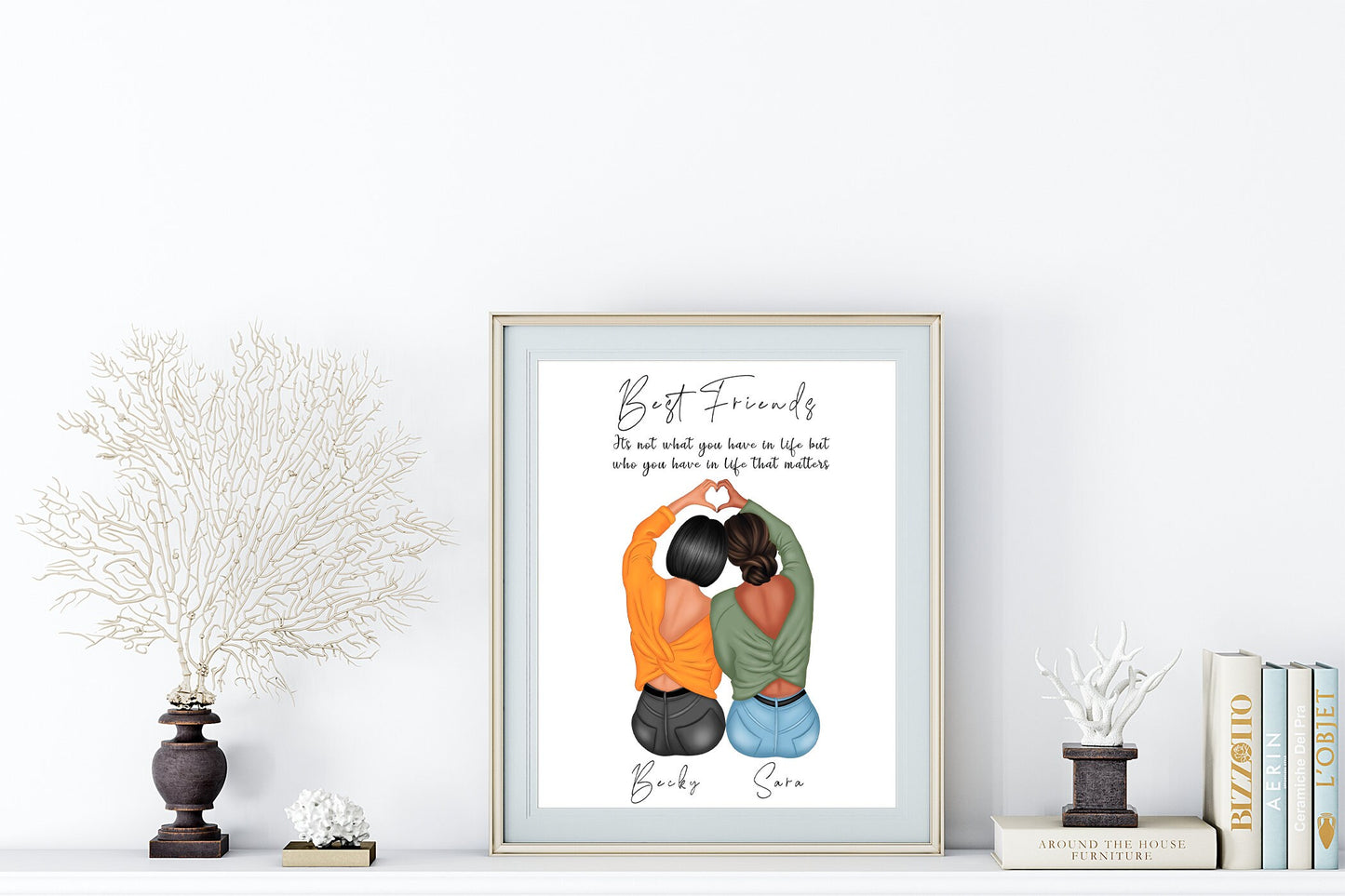 Portrait gift of best friend, girlfriends with heart hands | A4 | A5 | Greeting card