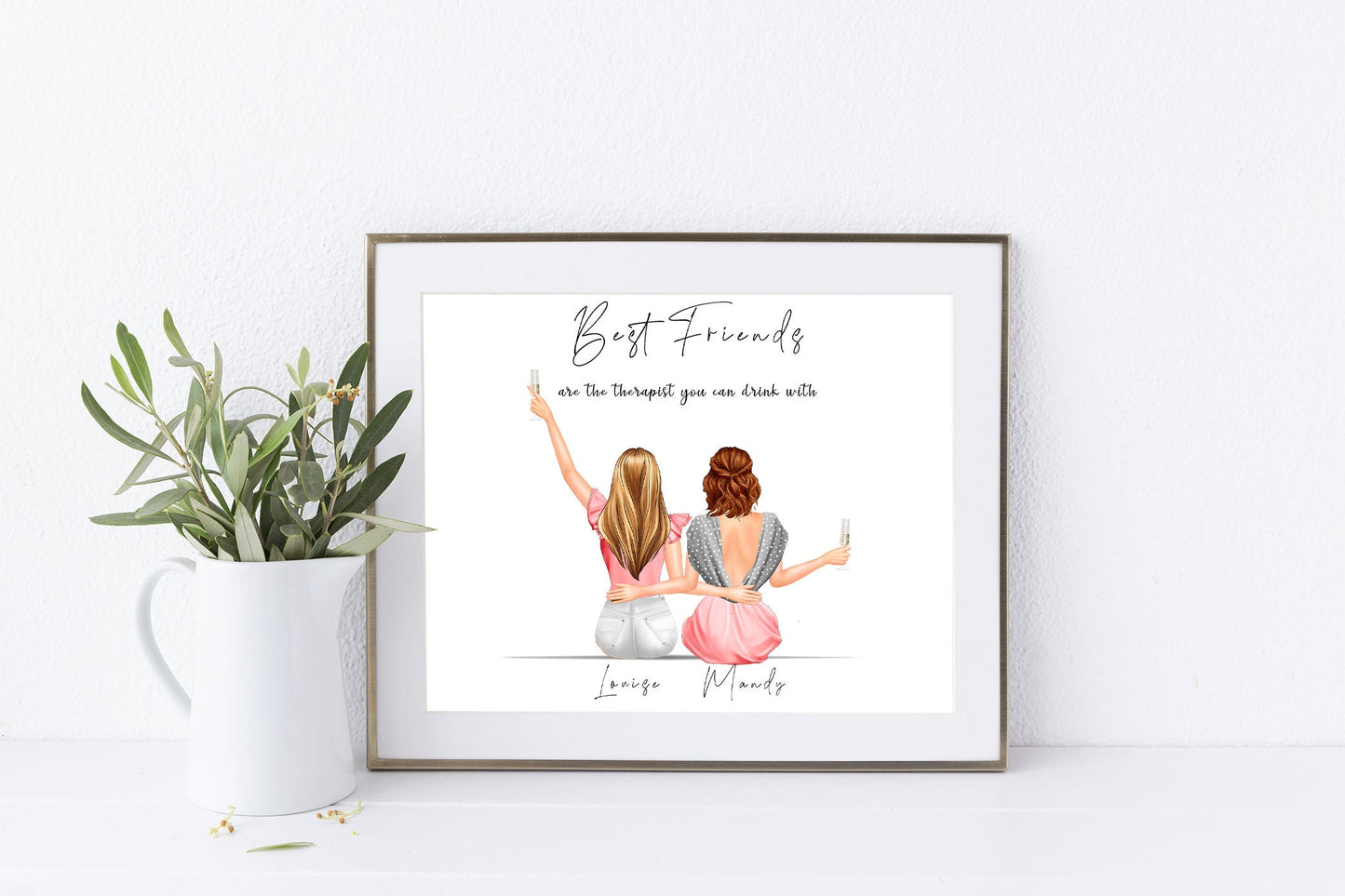 Personalised print gift for best friend, sitting on lovely flower swing with celebration drinks | A4 | A5 | Greeting card