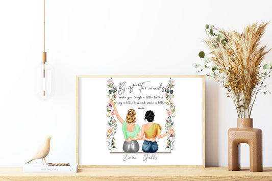 Personalised print gift for best friend, sitting on lovely flower swing with celebration drinks | A4 | A5 | Greeting card