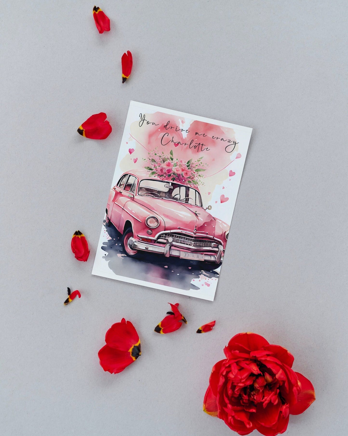 Pink vintage car print for couples | greeting card | A4 | A5 | gift for girlfriend or boyfriend | Husband or wife present