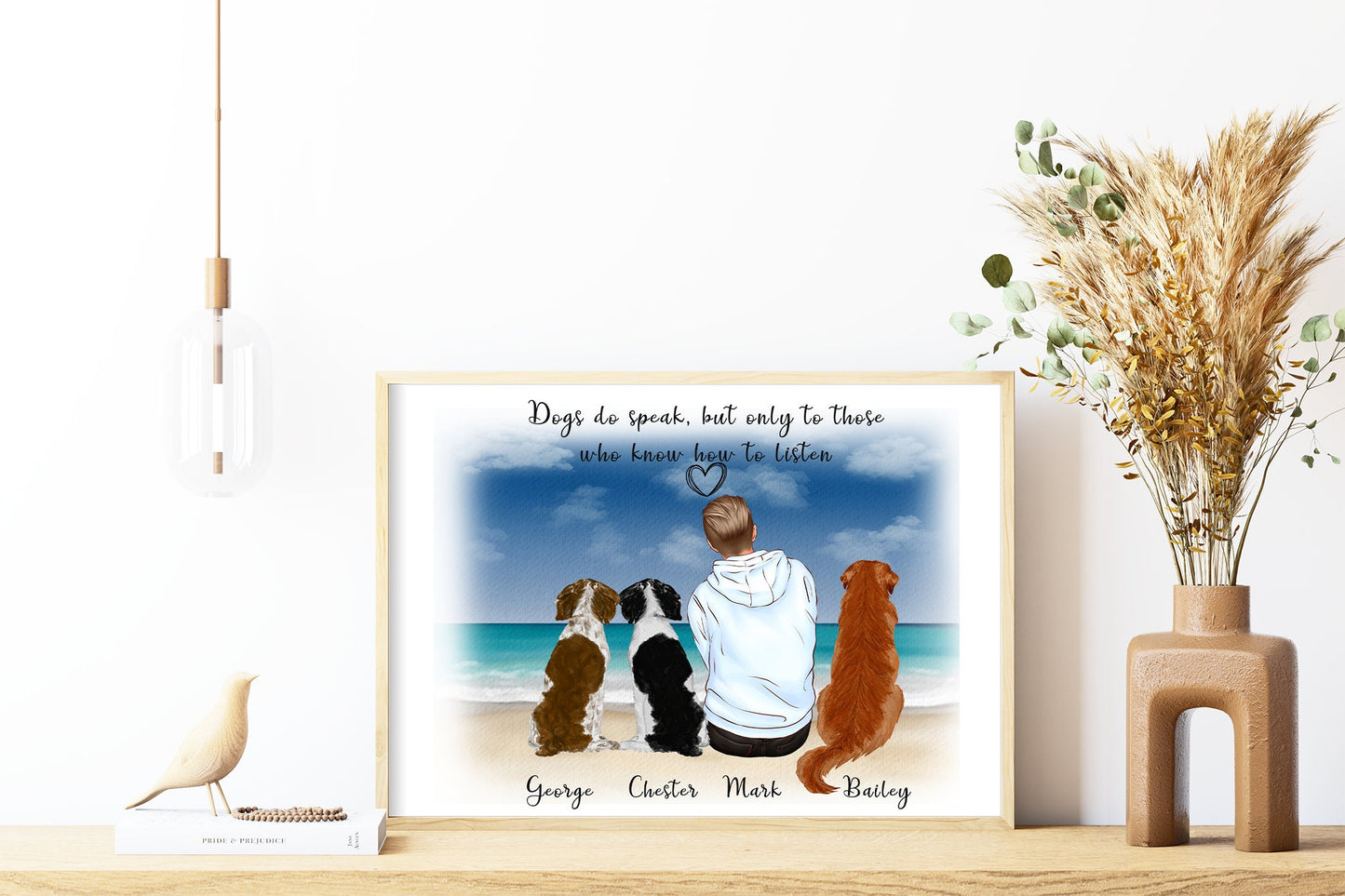 Custom dogs and owners portrait | multiple dog picture | custom girl and pet print, man's best friend picture | A4 | A5 | Greeting card