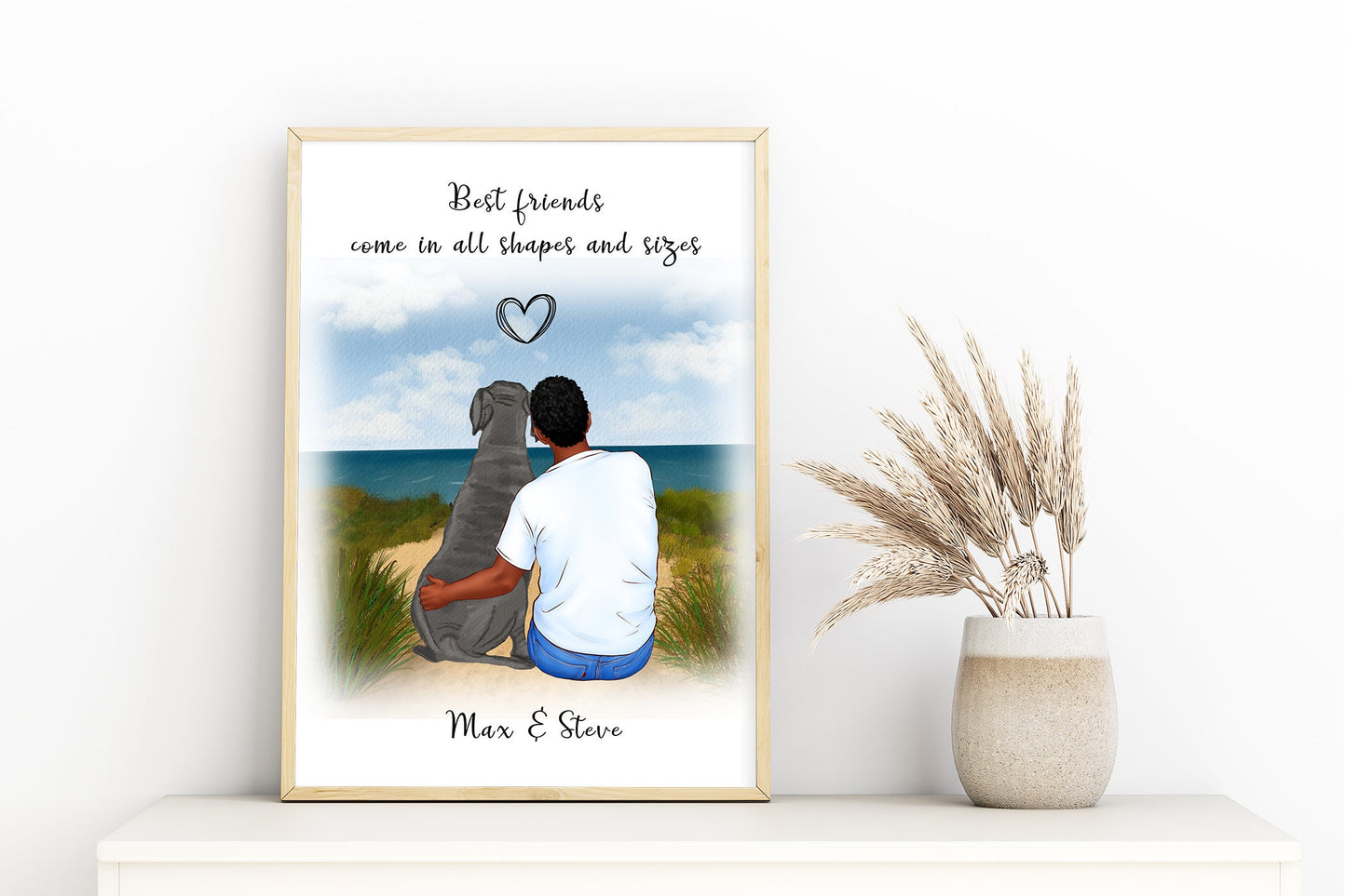 Personalised dog and owner portrait, custom girl and pet print, man's best friend picture | A4 | A5 | Greeting card