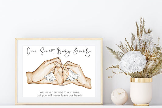 Baby loss portrait with parent and baby hands | Baby memorial artwork | Angel baby print | Natural skin tones or Black and white | A3 | A4 | A5 |
