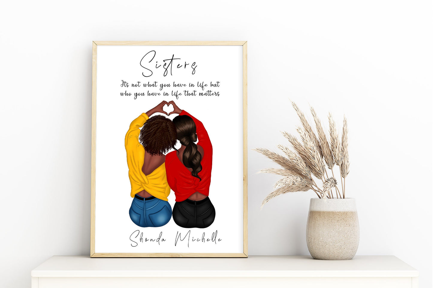Customisable sisters with fingers in a heart portrait | Gift for family | A4 | A5 | Greeting card