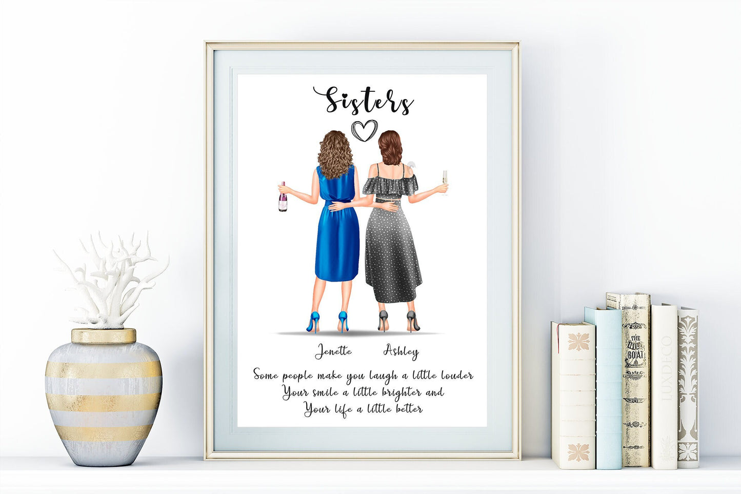 Personalised sisters present | older sister portrait or baby sister gift | Perfect gift for all female family members | A4 | A5 | Greeting card