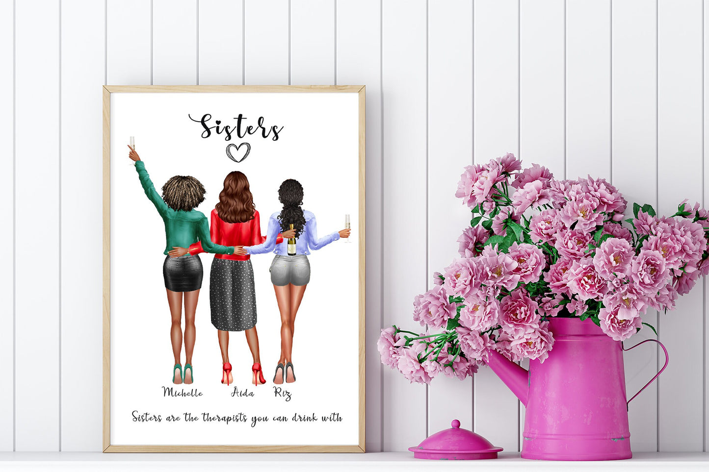 Custom sisters make the best friends portrait | with celebration drinks | Up to 10 family members | A4 | A5 | Greeting card