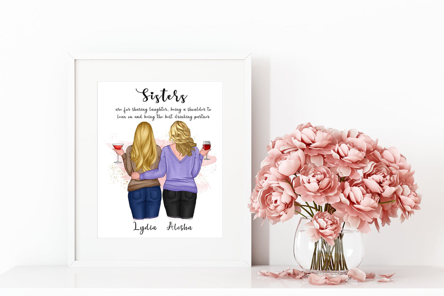 Personalised sister's print, wall art gift of siblings, with celebration cocktails | Perfect present for family | A4 | A5 | Greeting card