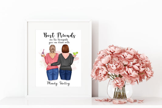 Custom besties portrait gift, with cocktails and wine | Print of best friends | A4 | A5 | Greeting card