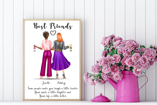 Personalised present for best friend, artwork gift of besties with celebration drinks | A4 | A5 | Greeting card