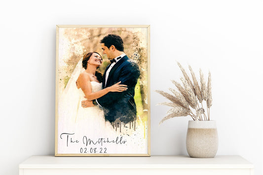 Watercolour wedding portrait from photo, digitally enhanced painting of bride and groom | A4 | A5 |