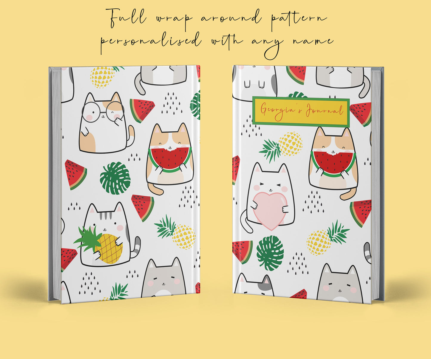 Cute Kawaii custom journal - bright, fun, colourful cartoon cat pattern wrapped around a glossy notebook | A4 | A5 | 5x7