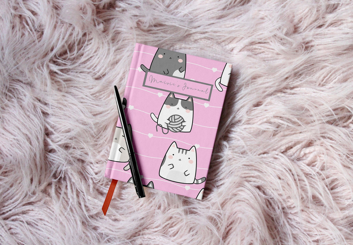 Cute Kawaii custom journal - bright, fun, colourful cartoon cat pattern wrapped around a glossy notebook | A4 | A5 | 5x7