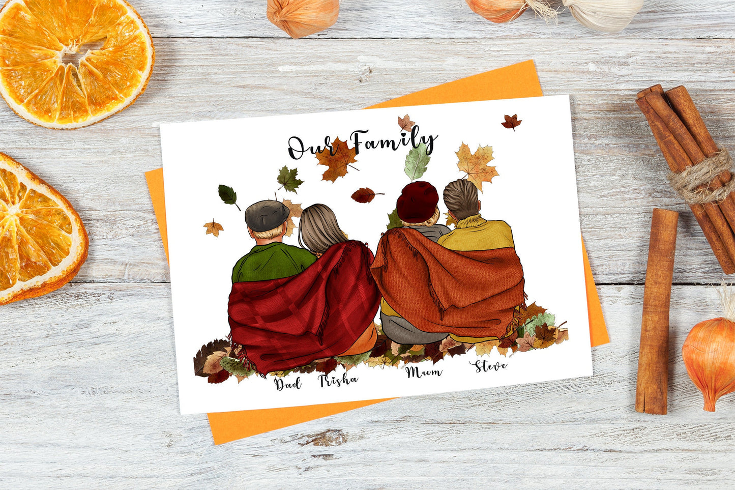 Custom autumn theme portrait, includes whole family & grandparents – Decorated in festive red, yellow and orange leaves | A4 | A5 | Greeting card