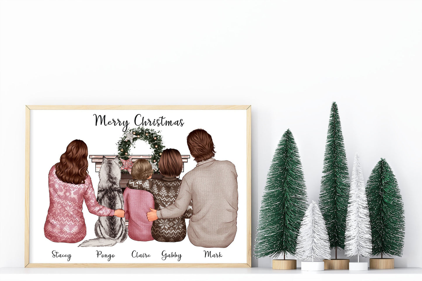 Christmas family print personalised with festive sweaters and winter holiday decor – treasured pets included too in A4, A5 or Greeting card