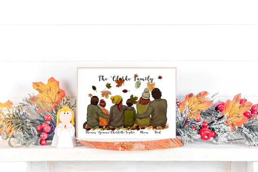 Custom autumn theme portrait, includes whole family & grandparents – Decorated in festive red, yellow and orange leaves | A4 | A5 | Greeting card