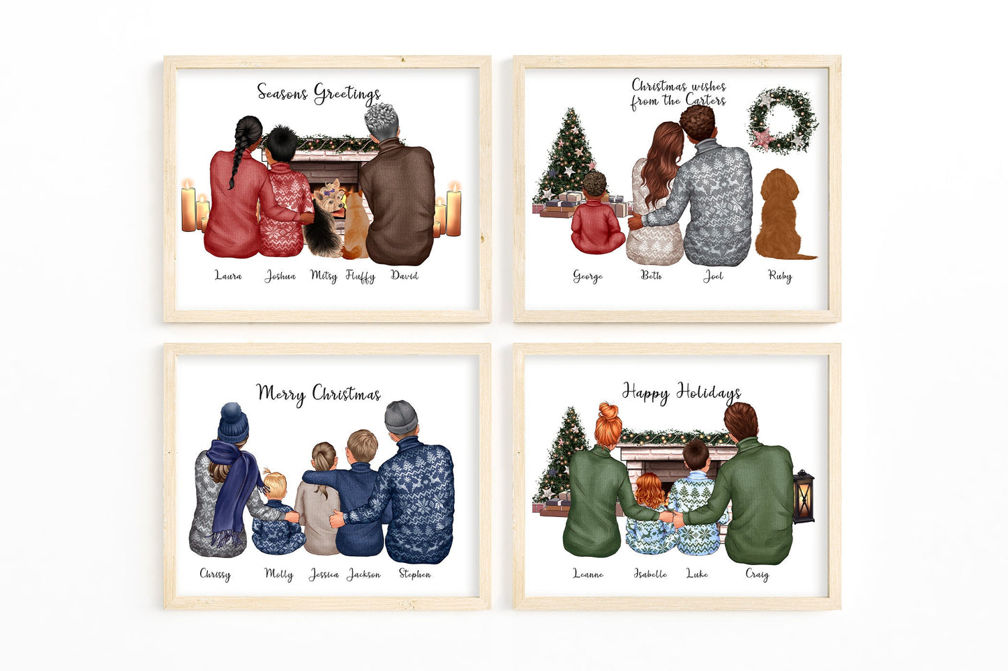 Christmas family print personalised with festive sweaters and winter holiday decor – treasured pets included too in A4, A5 or Greeting card