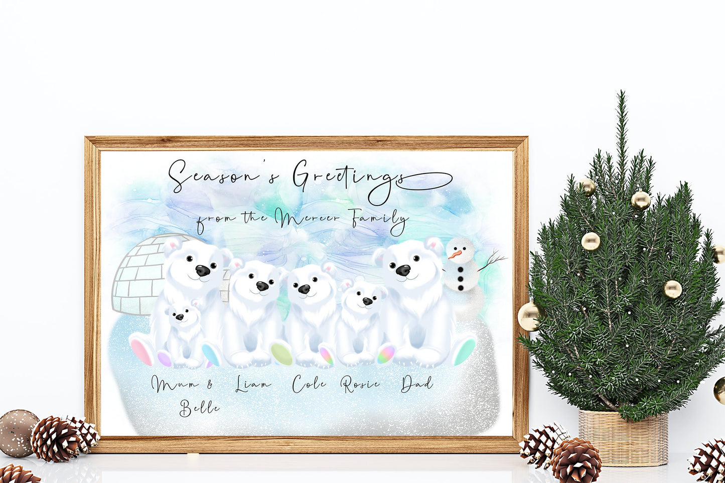 Custom Christmas Polar Bear Family portrait – with beautiful snowy winter scene in a cute cartoon style | A4 | A5 | Greeting card