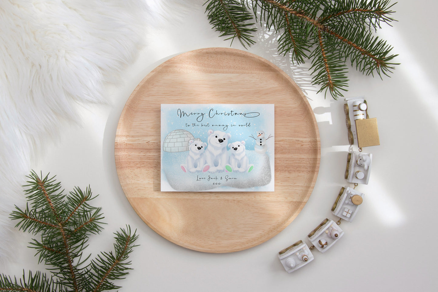 Custom Christmas Polar Bear Family portrait – with beautiful snowy winter scene in a cute cartoon style | A4 | A5 | Greeting card
